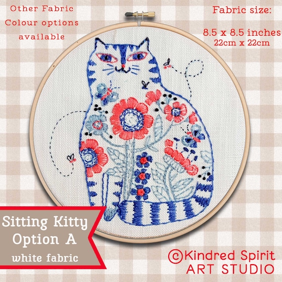 Cat Embroidery Kit Cute Kitty Design DIY Craft Kitten Pattern Beginner  Floral Needlepoint Modern Hoop Art 