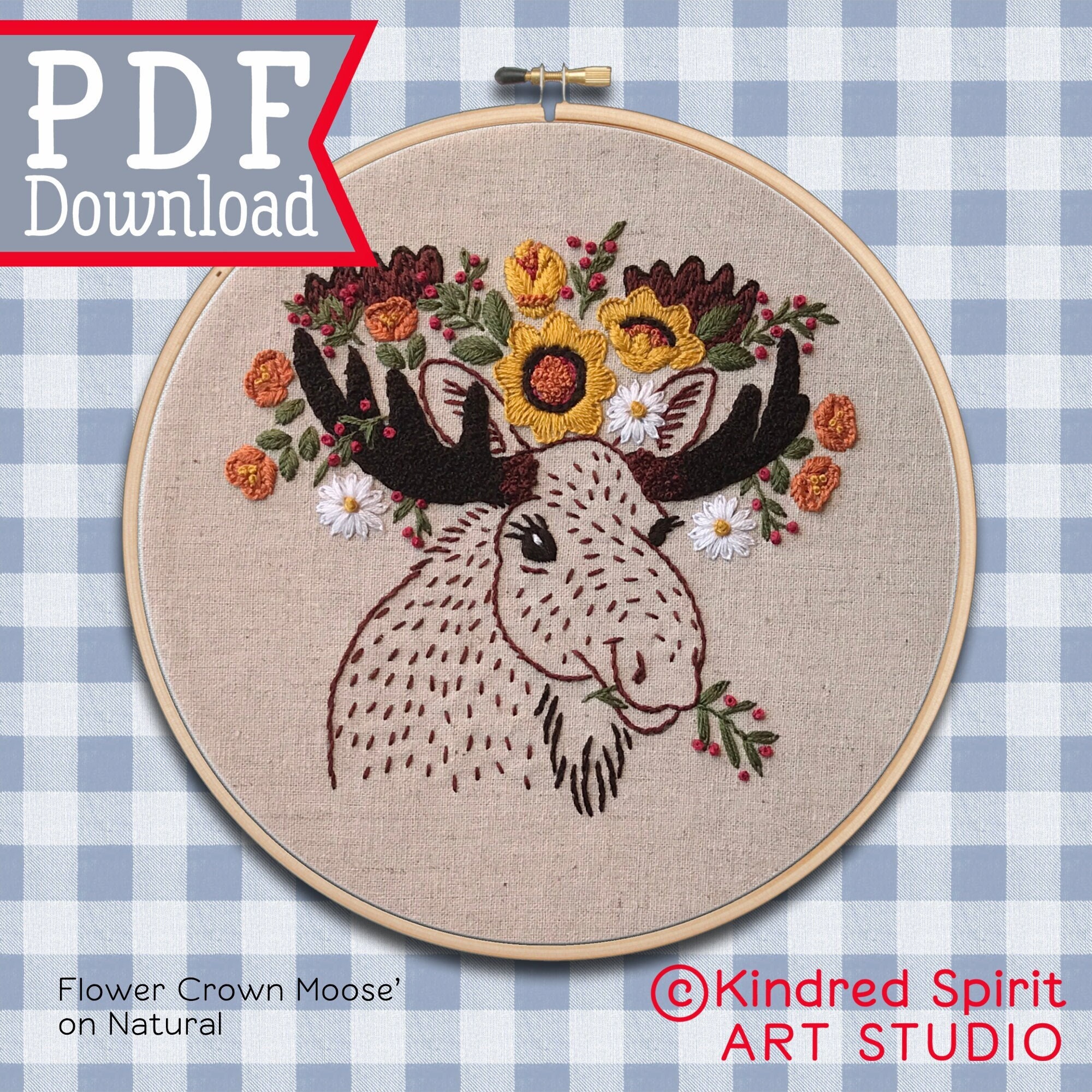 Stag Moose Embroidery Design ; 7 inch Hoop Art ; Nature Lover Gift ; Woodland Animal Needlepoint Pattern ; Trace & Transfer