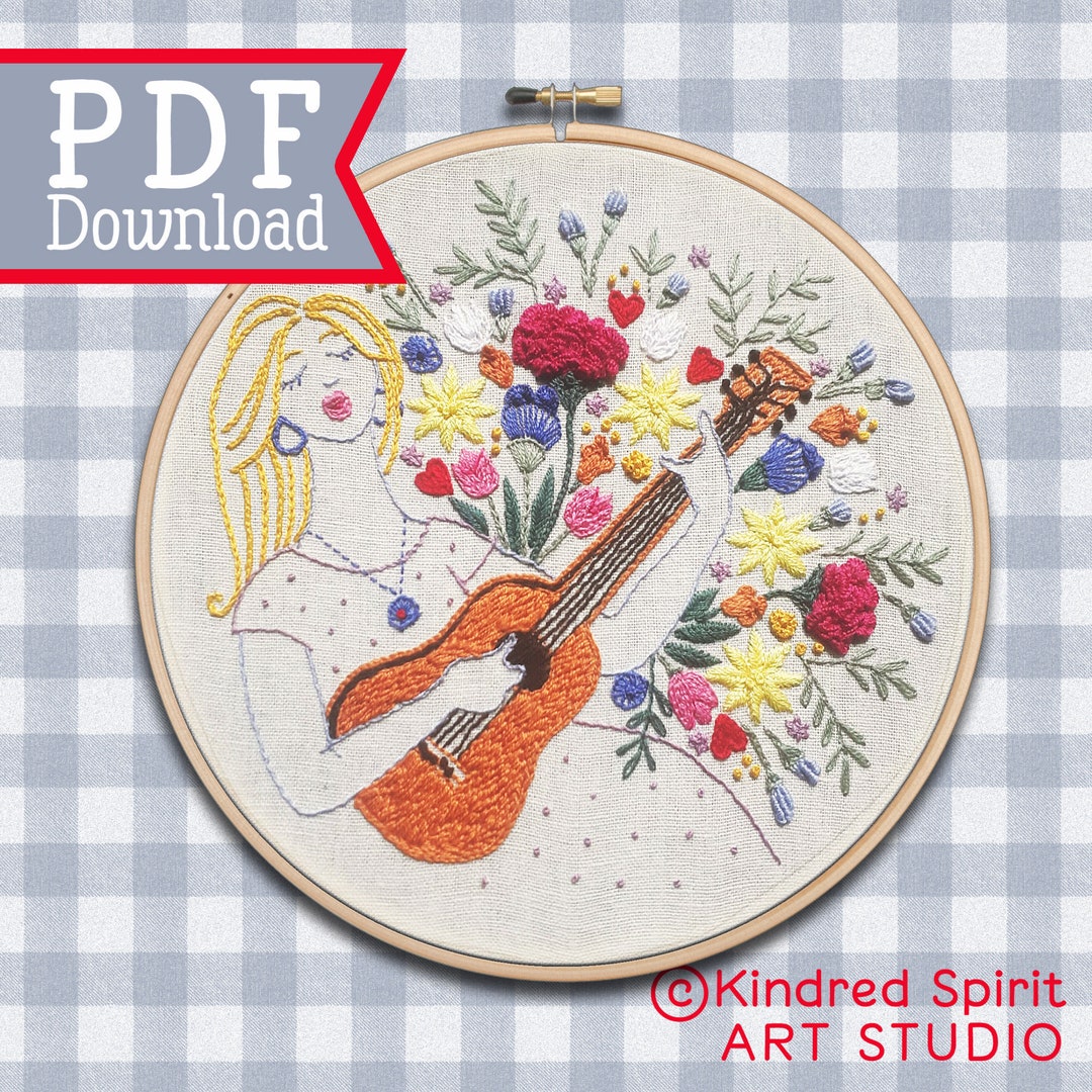 Hand Embroidery Pattern Guitar Design Flower Needlepoint Etsy