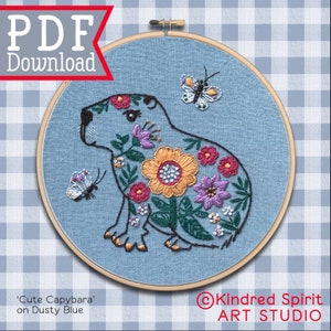 Hand Embroidery Pattern ; Capybara design ; PDF download ; DIY craft ; Rodent ; Animal Needlepoint