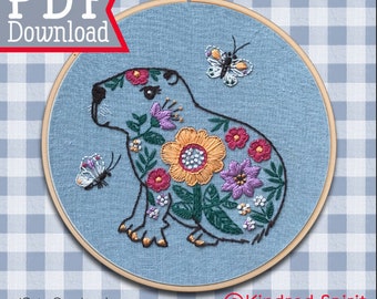 Hand Embroidery Pattern ; Capybara design ; PDF download ; DIY craft ; Rodent ; Animal Needlepoint