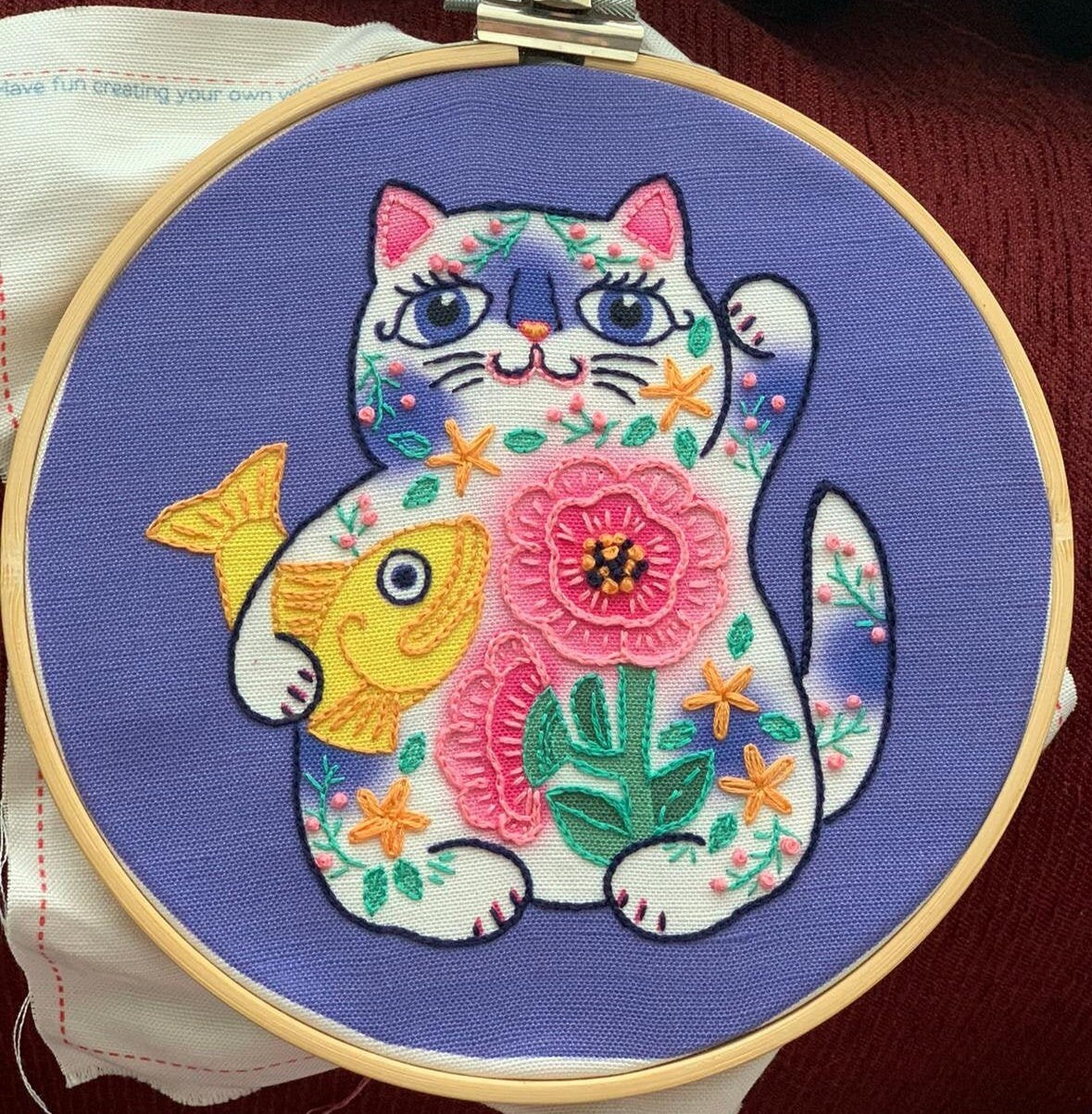 Hand Embroidery Kit Maneki Neko Cat Design Lucky Needlepoint Kitty
