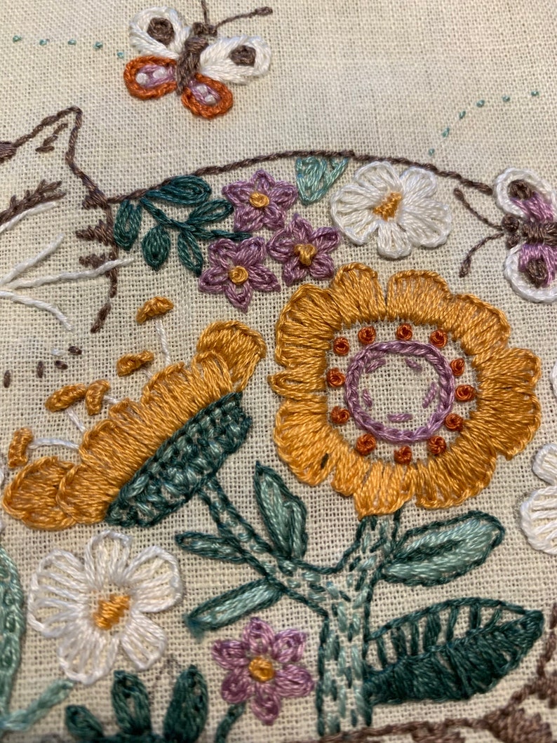 Cat Embroidery Kit; Cute Cat Hand embroidery pattern; DIY craft kit; Flower embroidery; Custom Wall Decor; 7 Hoop Art; Beginner Embroidery