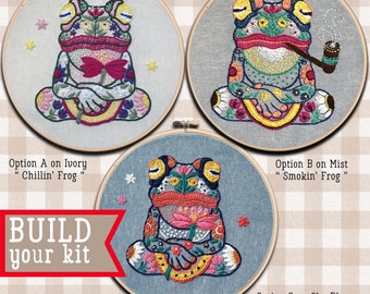 Frog Embroidery Kit ; Meditation design ; Yoga pattern ; Smokers gift ; Funny Needlepoint ; Amphibian