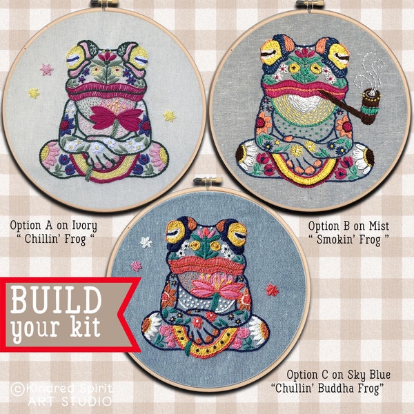 Frog Embroidery Kit ; Meditation design ; Yoga pattern ; Smokers gift ; Funny Needlepoint ; Amphibian