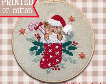 Cat Embroidery Kit ;  Holiday design ; Christmas Kitten pattern ; Kitty Needlepoint ; Handmade gift