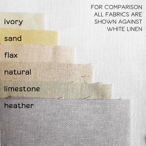 May include: A swatch card showing six different linen fabric colors: ivory, sand, flax, natural, limestone, and heather. The fabrics are arranged in a vertical stack, with the lightest color at the top and the darkest color at the bottom. The text "FOR COMPARISON ALL FABRICS ARE SHOWN AGAINST WHITE LINEN" is printed at the top of the card.