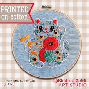 Lucky Cat Embroidery Kit Maneki Neko design Flower Needlepoint Kitty pattern Welcome gift Japanese Hoop Art image 7