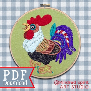 Rooster Hand Embroidery Pattern ; PDF pattern download ; Chicken embroidery design; DIY craft ; Farm Kitchen Decor ;