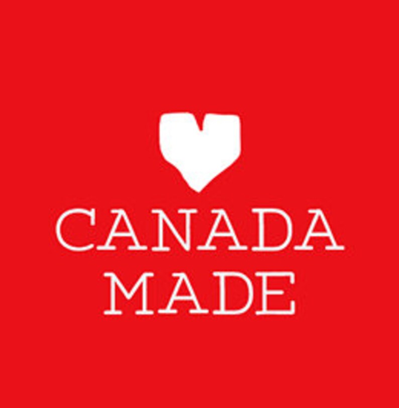 May include: White logo on a red background with a stylized heart and the text "CANADA MADE".