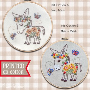 Donkey Embroidery Kit ; Mule Design ; Farm Animal DIY craft kit ; Flower needlepoint pattern ; Modern Hoop Art