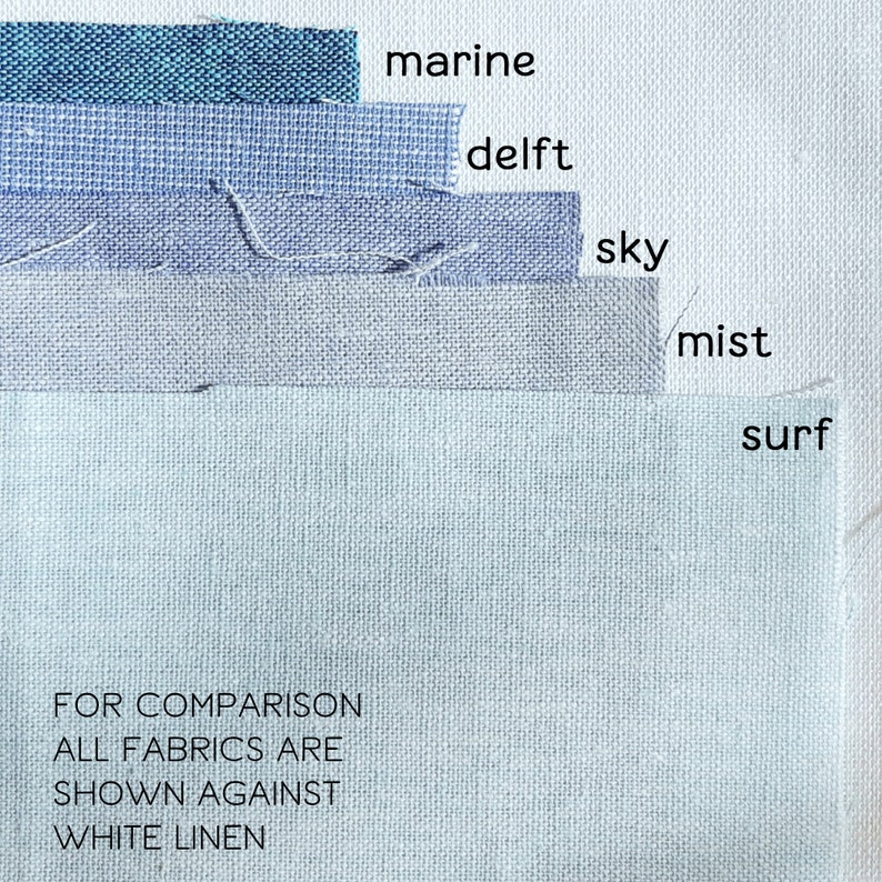 May include: Five fabric swatches in shades of blue, from dark teal to light blue, labeled "marine", "delft", "sky", "mist", and "surf".  The text "FOR COMPARISON ALL FABRICS ARE SHOWN AGAINST WHITE LINEN" is at the bottom of the image.
