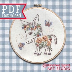 Donkey Embroidery Design ;  PDF pattern download ; Farm Animal Hand embroidery pattern ; DIY Crafts ; Flower needlepoint ; Instant Download