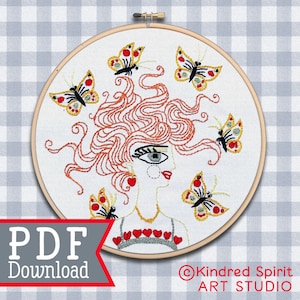 Hand Embroidery Pattern ; PDF Download ; Butterfly Girl design ; Modern Hoop Art Collection ; DIY Craft Project