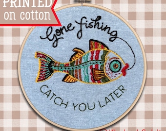 Kit de bordado "Gone Fishing" para principiantes / Manualidades de costura "Pesca" / Arte personalizado con aro de pesca / Regalo para papá