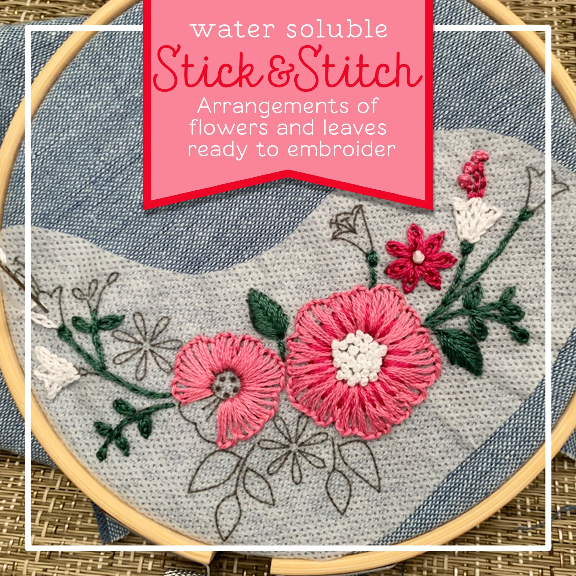 Stick and Stitch Embroidery Patterns, Embroidery Stick and Stitch, Floral  Stick and Stitch, Peel and Stick Embroidery Transfers 