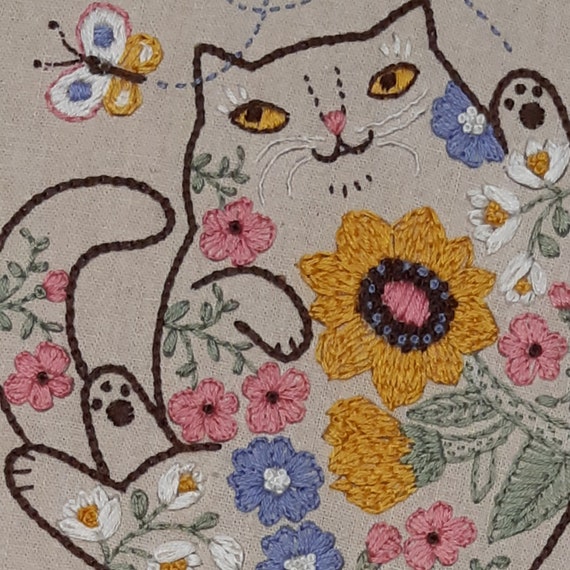 Hand Embroidery Kit Cat Design Cute Kitten Pattern 