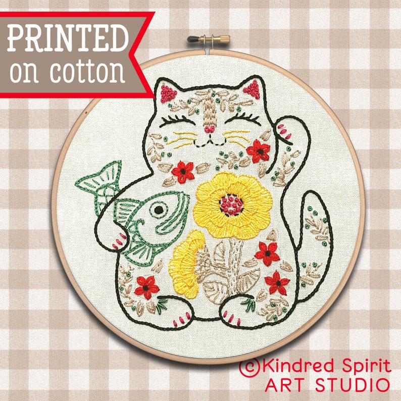 Lucky Cat Embroidery Kit Maneki Neko design Flower Needlepoint Kitty pattern Welcome gift Japanese Hoop Art Full kit + hoop (A)