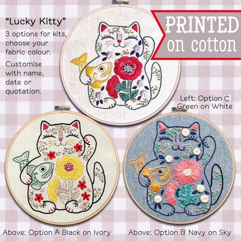 Lucky Cat Embroidery Kit Maneki Neko design Flower Needlepoint Kitty pattern Welcome gift Japanese Hoop Art image 1