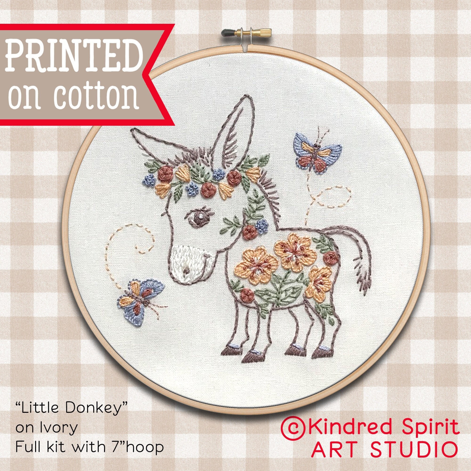 Donkey Embroidery Kit ; Mule Design ; Farm Animal DIY craft kit ; Flower needlepoint pattern ; Modern Hoop Art