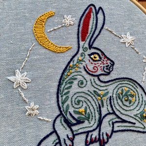 May include: Embroidered hoop art featuring a stylized blue rabbit with green and yellow floral details, a yellow crescent moon, and white stars on a light blue background.