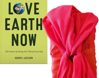 Earth-friendly SCARF LOVERS GIFT: Love Earth Now book wrapped in sheer red scarf, furoshiki-style