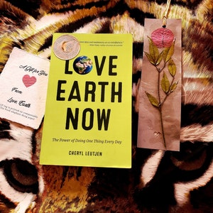 CAT-LOVER GIFT: Love Earth Now book wrapped in Abercrombie & Fitch cat scarf, furoshiki-style handcrafted bookmark image 1