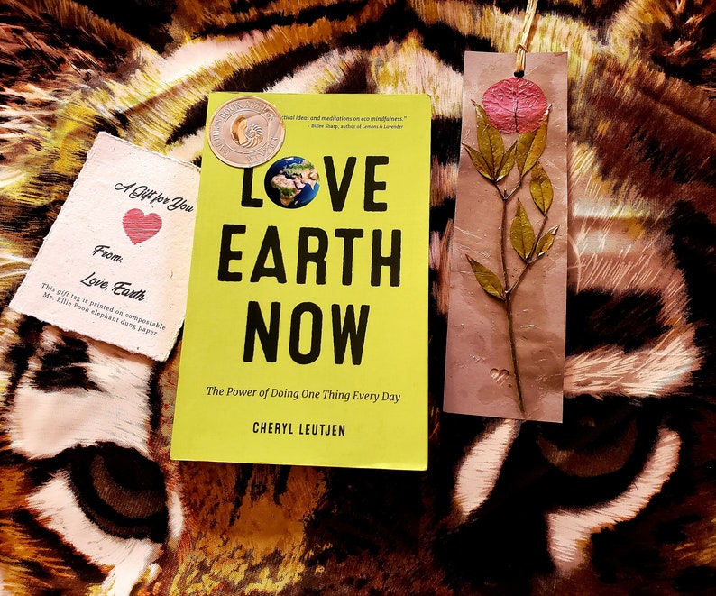 CAT-LOVER GIFT: Love Earth Now book wrapped in Abercrombie & Fitch cat scarf, furoshiki-style handcrafted bookmark image 1
