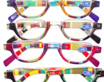 Fabuleuses lunettes de lecture demi-lune/demi-monture imprimées à la main à rayures : charnières à ressort, 4 combinaisons de couleurs magnifiques !
