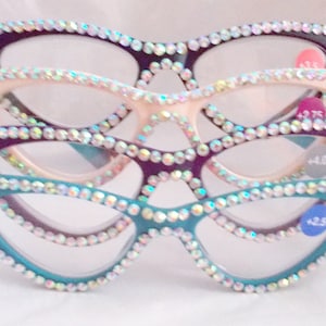 Reading glasses cat eye shape in dk purple, teal, black and lt pink free US shipping