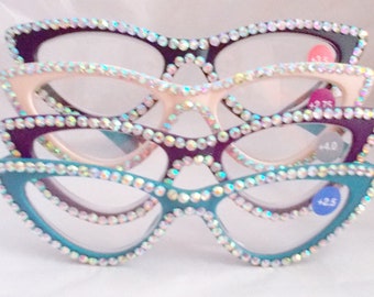 Rhinestone Cat Eye Reading Glasses: Purple, Teal, Black, Pink