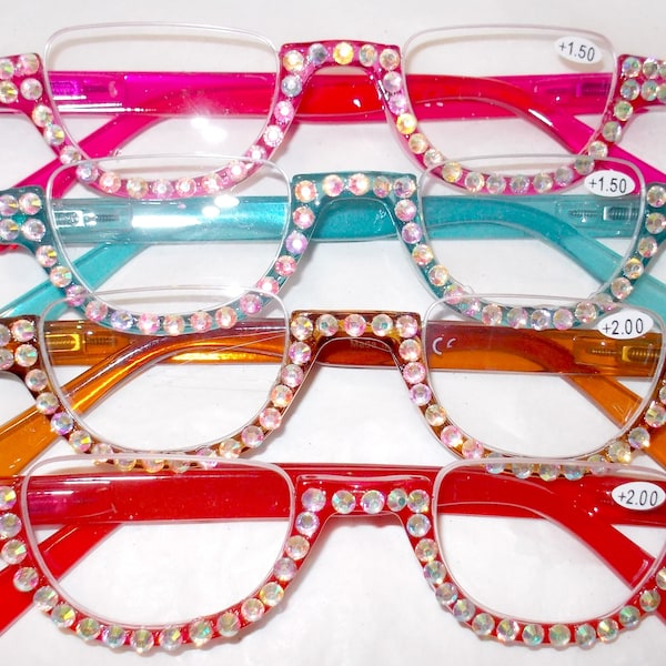 Reading glasses half-moon/half rim with crystal rhinestone readers and 4 colors free US shipping