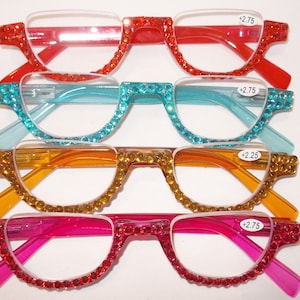 Reading glasses half-moon/half rim rhinestone readers lots of strengths and 4 colors free US shipping