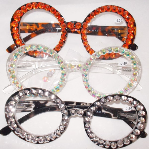 Reading glasses stunning round rhinestone beauties all 2.50 strength free US shipping and glasses pouch!