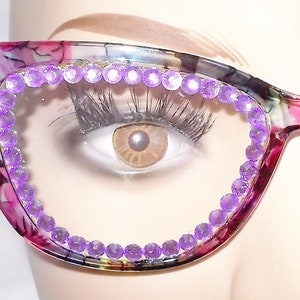 Cat Eye Reading Glasses: Multicolored Floral with Purple Rhinestones