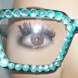 Teal Rhinestone Reading Glasses: Ice Blue Square Readers