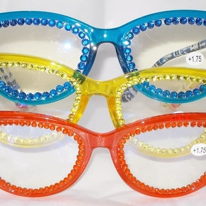 Lunettes de lecture yeux de chat en strass 1,75 : rouge, jaune, bleu (force 1,75)