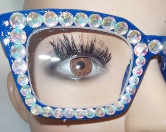 Reading glasses elegant navy-blue square readers with crystal rhinestones 4 strengths