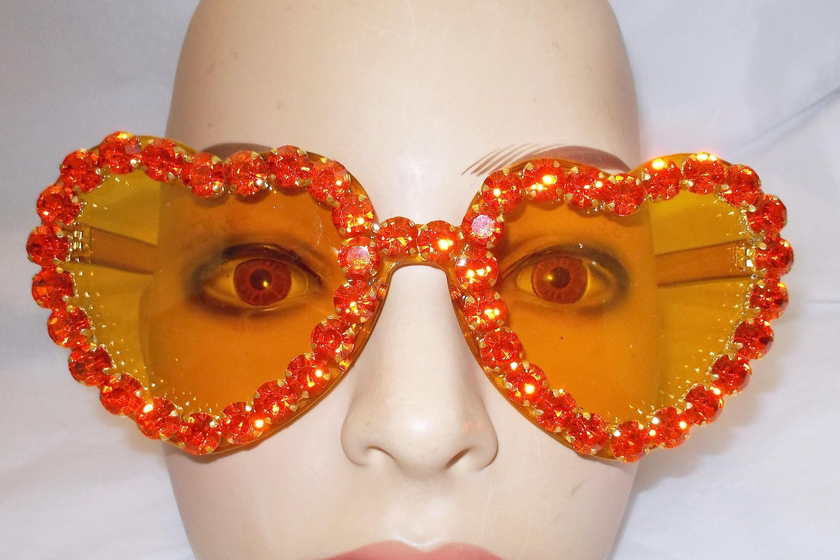 - Heart-Shaped Sunglasses with Orange  Rhinestones Ice Blue Drip Sunglasses Rave clothes,rave outfits,edc  main image 3