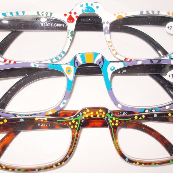 Reading glasses half-moon/half rim hand painted prints 3 colors brown, blue, white with spring temples free US ship