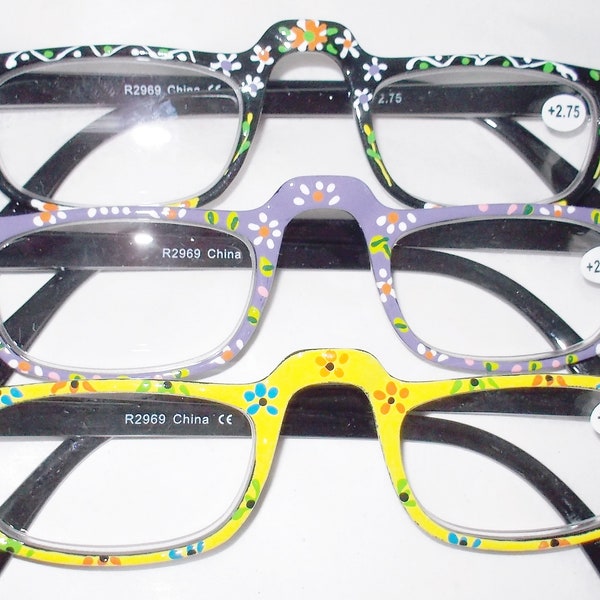 Reading glasses half-moon/half rim hand painted black, purple, yellow 3 colors with spring temples free US ship