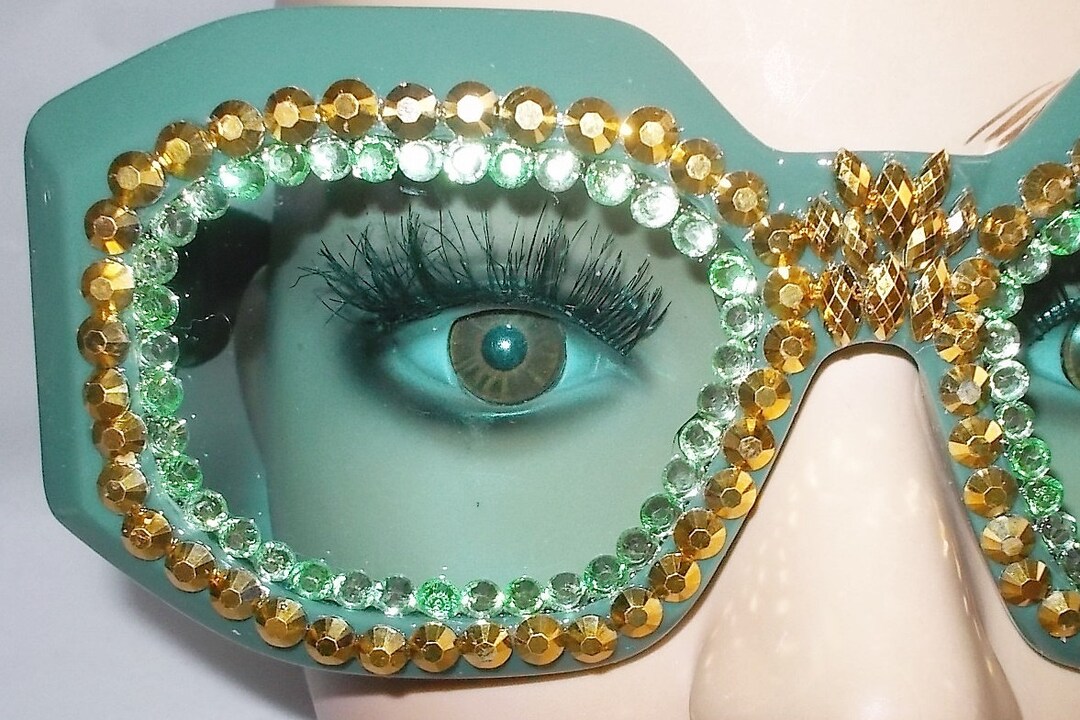 SALE Oversized Green Sunglasses: Rhinestone Detail, Gold  display picture 1