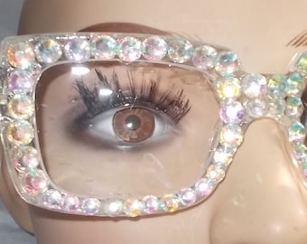 Square blinged out rhinestone reading glasses: clear square frames crystal stones all strengths