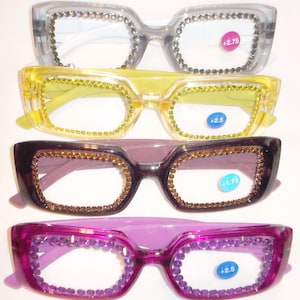 Reading glasses gorgeous full size square readers yellow, purple, brown and gray matching rhinestones free US ship