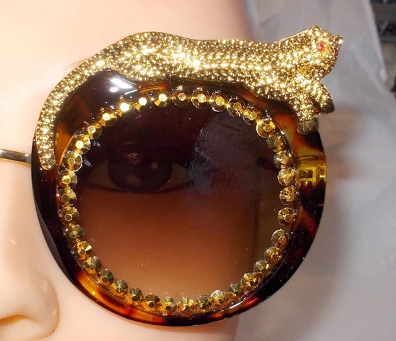 Elegant, High Fashion Leopard Brown Round Sunglasses with Rhinestones Gloriana - Women Circle Half Frame Oversize Rhinestone  main image 3