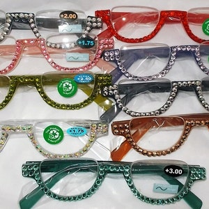 Reading glasses half-moon/half rim rhinestone readers lots of strengths and colors great with mask wearing free ship