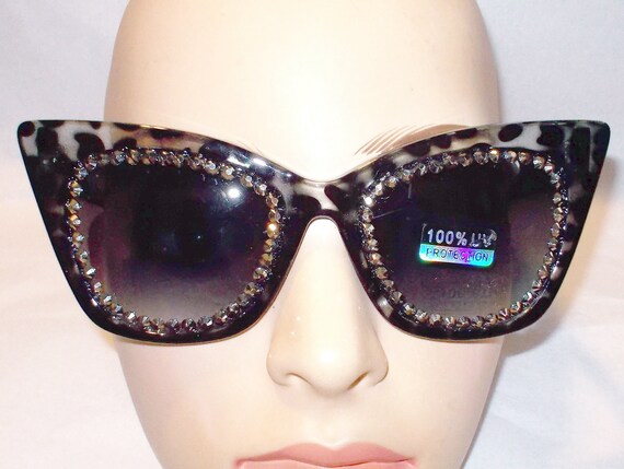 MultiColored Cat Eye Rhinestone Sun Glasses Shades Animal Bling Style Rhinestone Cat Eye Sunglasses: Black Animal Print - Etsy main image 3