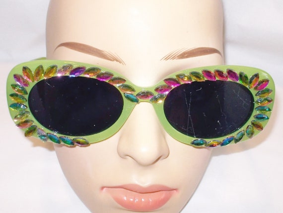 Green Oval Sunglasses: Rainbow Rhinestone Embellished Frames 