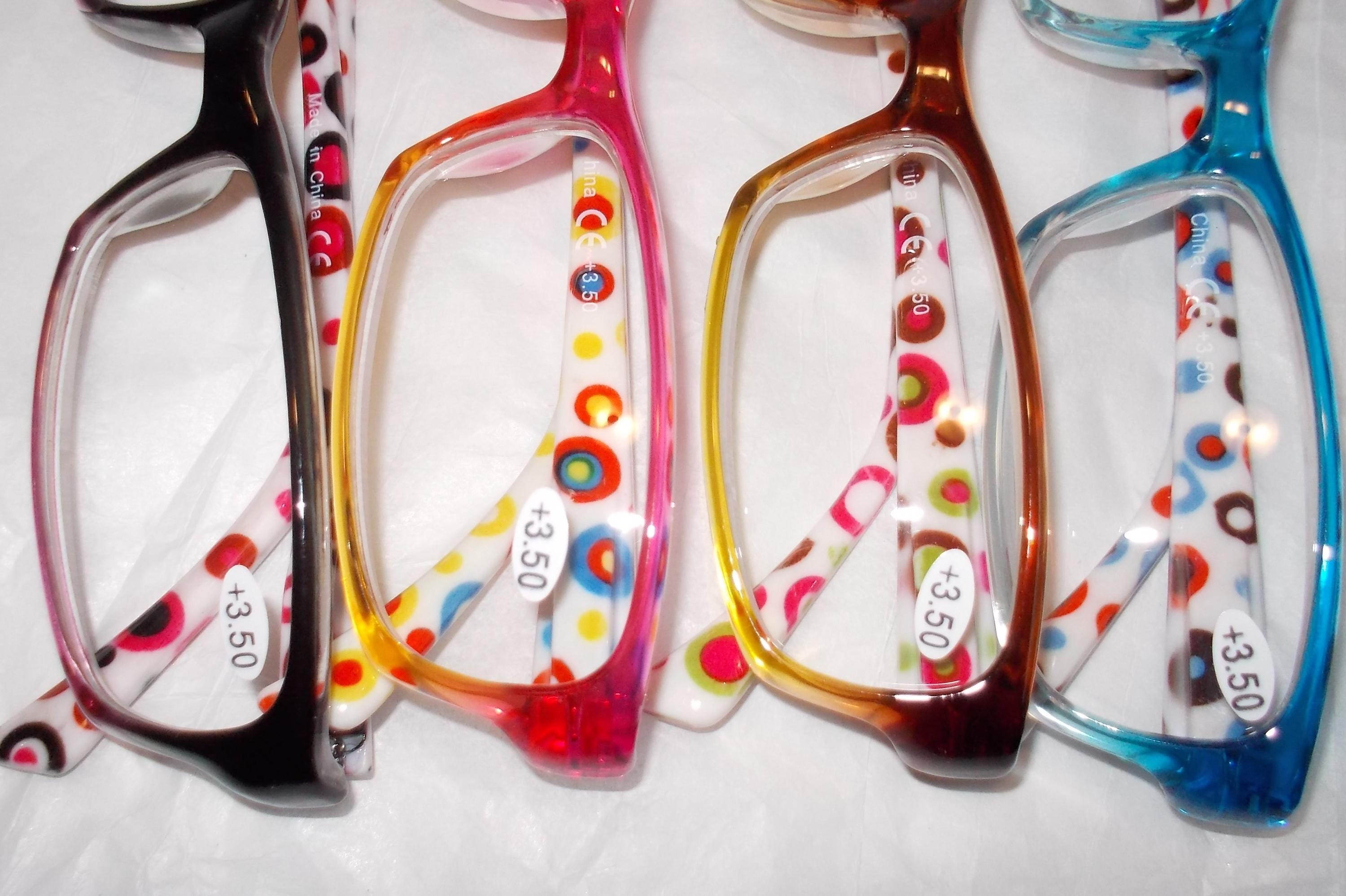 4 Pack set of readers 4 Polka dot printed reading glasses: Spring Hinges, 4 Color Combos 5 Strengths