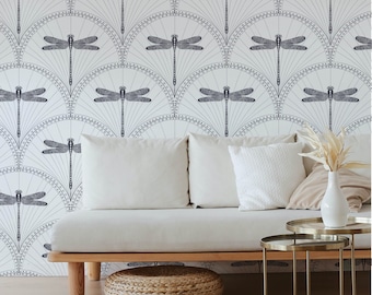 Tapeta w stylu art déco z motywem ważki: Glam Hollywood Regency, odklejana i przyklejana